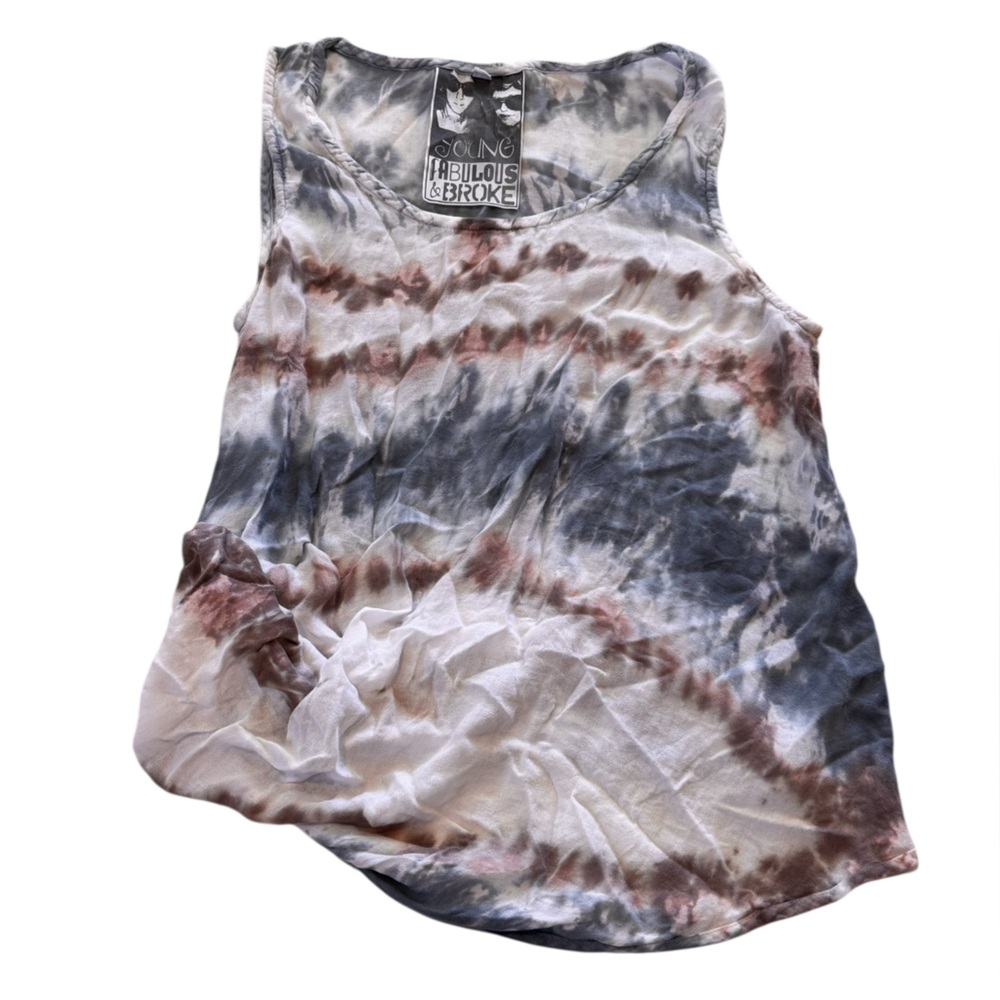 YOUNG FABULOUS & BROKE Tie-Dye Tank Top in Gray, Brown & Cream Size XS